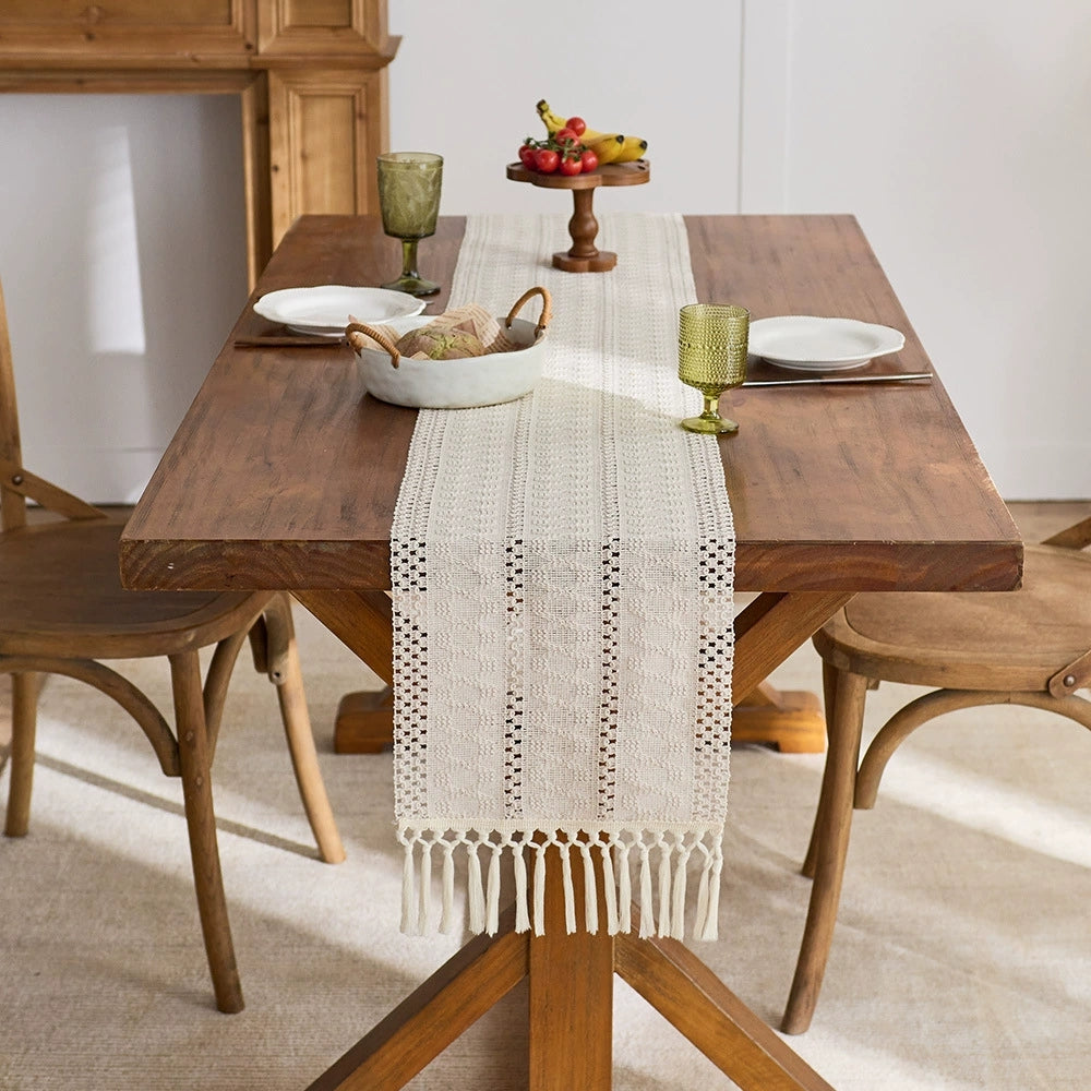 Bohemian Style Tassel Cotton Table Runner - Wide Stripes Green