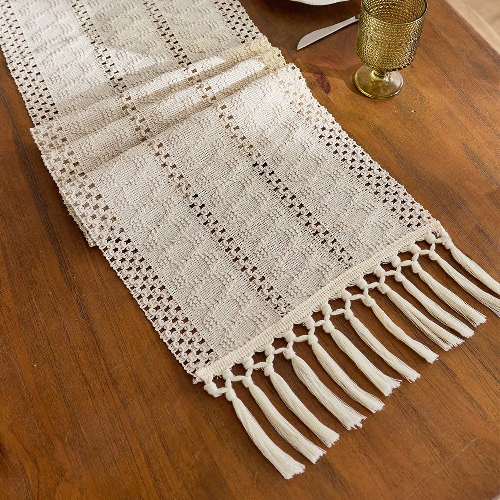 Bohemian Style Tassel Cotton Table Runner - Openwork Cable Knit Beige
