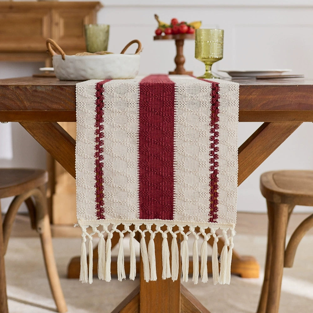 Bohemian Style Tassel Cotton Table Runner - Cable Knit Red