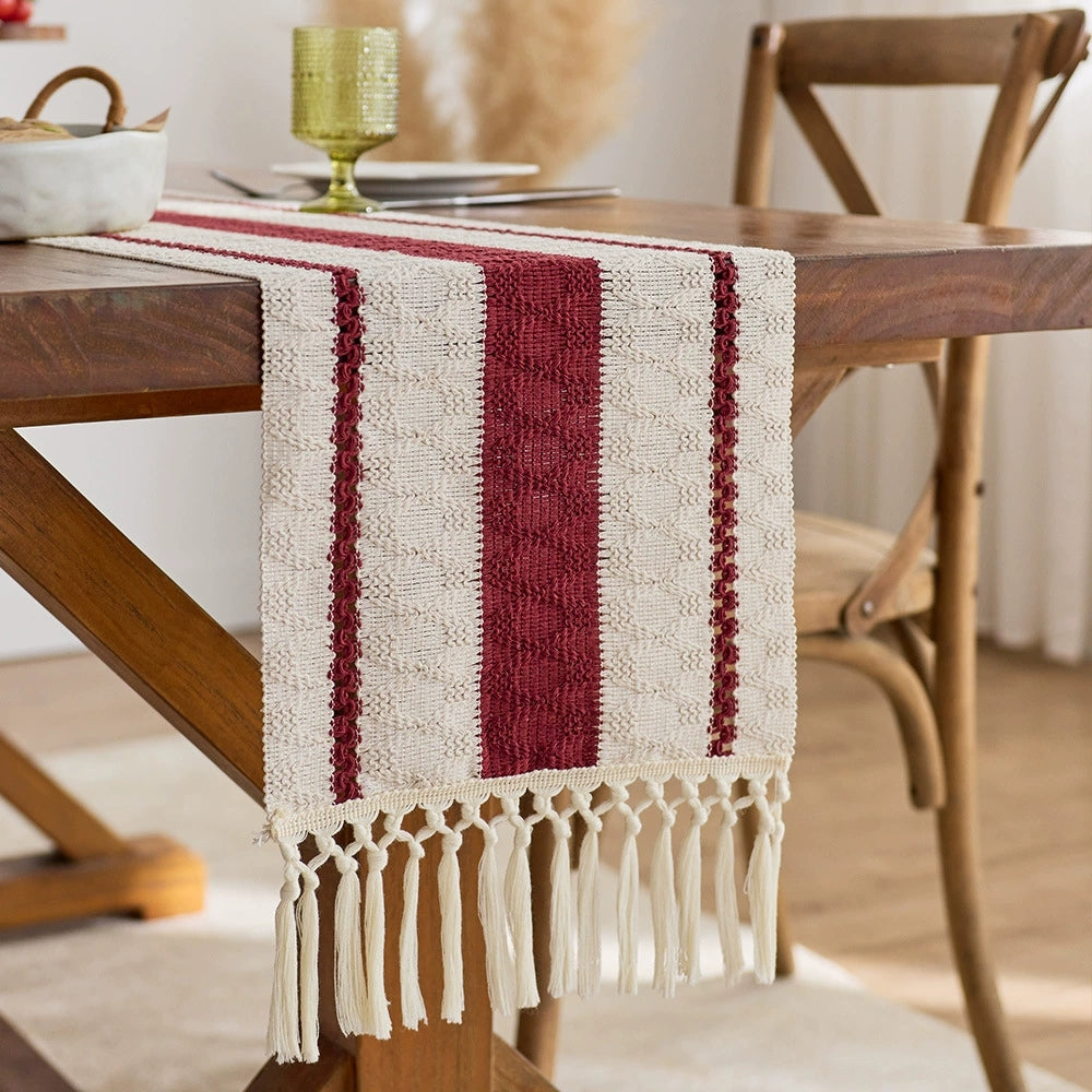 Bohemian Style Tassel Cotton Table Runner - Cable Knit Red