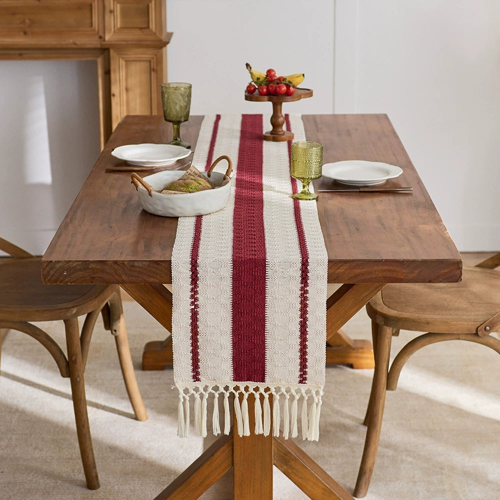 Bohemian Style Tassel Cotton Table Runner - Cable Knit Red