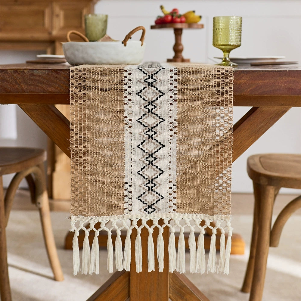 Bohemian Style Tassel Cotton Table Runner - Openwork Diamond Knit Brown