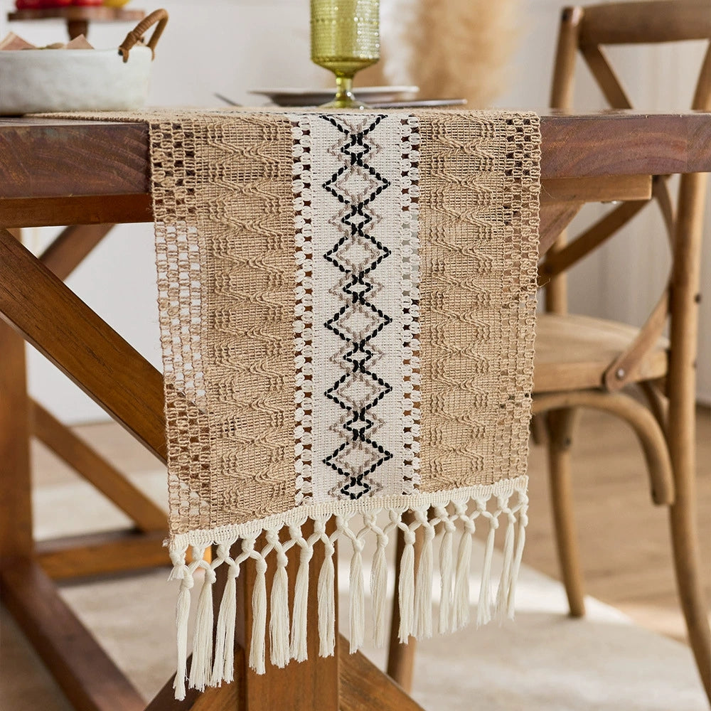 Bohemian Style Tassel Cotton Table Runner - Openwork Diamond Knit Brown