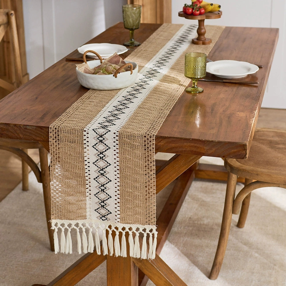 Bohemian Style Tassel Cotton Table Runner - Openwork Diamond Knit Brown