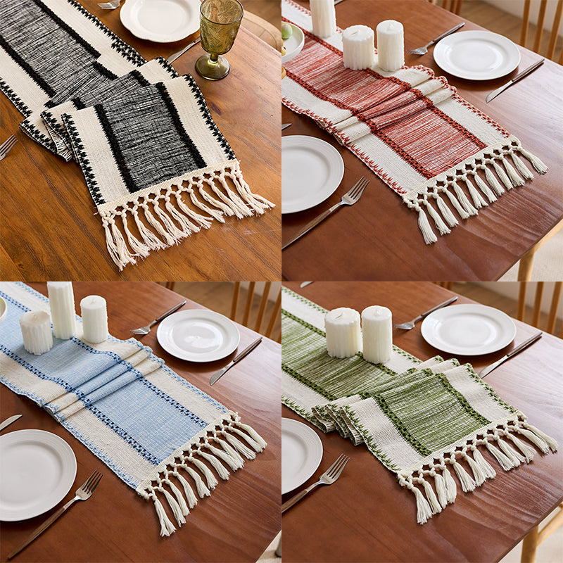 Bohemian Style Wide Striped Woven Table Runner for Living Room Decoration, with Tassel Weave