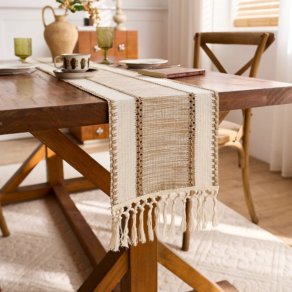 Bohemian Style Wide Striped Woven Table Runner for Living Room Decoration, with Tassel Weave