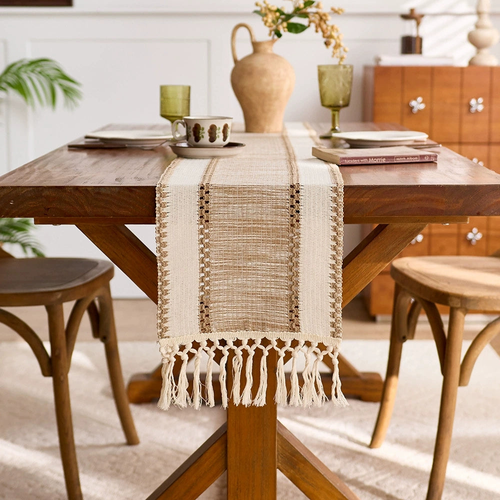 Bohemian Style Wide Striped Woven Table Runner for Living Room Decoration, with Tassel Weave