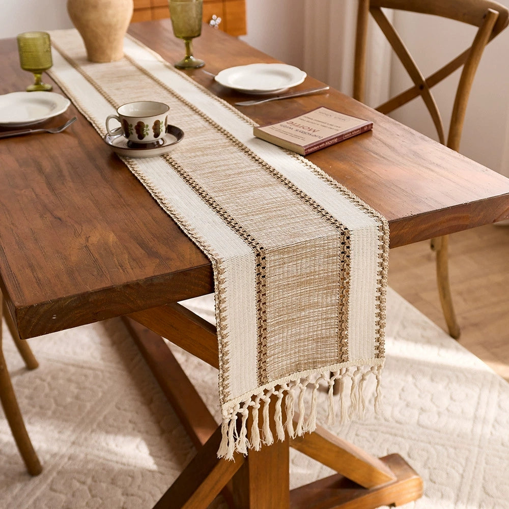 Bohemian Style Wide Striped Woven Table Runner for Living Room Decoration, with Tassel Weave