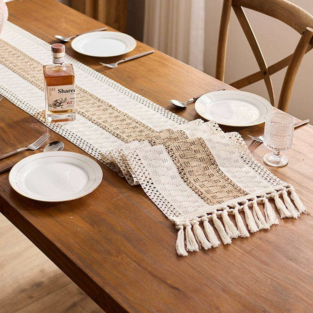 Bohemian Style Tassel Cotton Table Runner - Openwork Brown