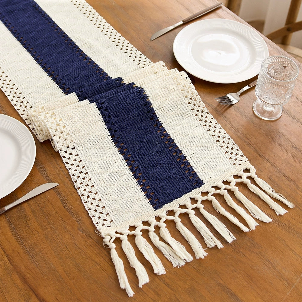 Bohemian Style Tassel Cotton Table Runner - Openwork Navy Blue