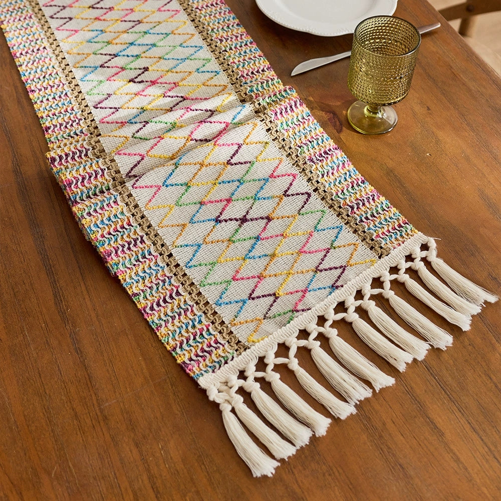 Bohemian Style Tassel Cotton Table Runner - Colorful Rhombus