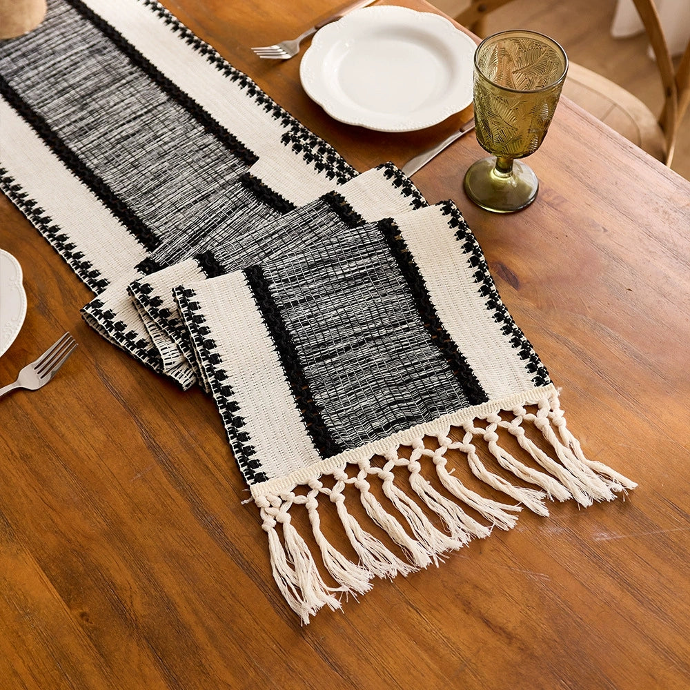 Bohemian Style Tassel Cotton Table Runner - Wide Stripes Black