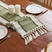 Bohemian Style Tassel Cotton Table Runner - Wide Stripes Green