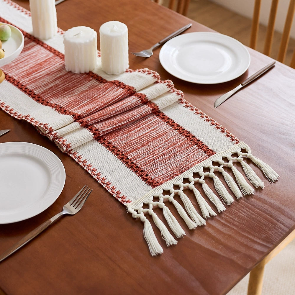 Bohemian Style Tassel Cotton Table Runner - Wide Stripes Red