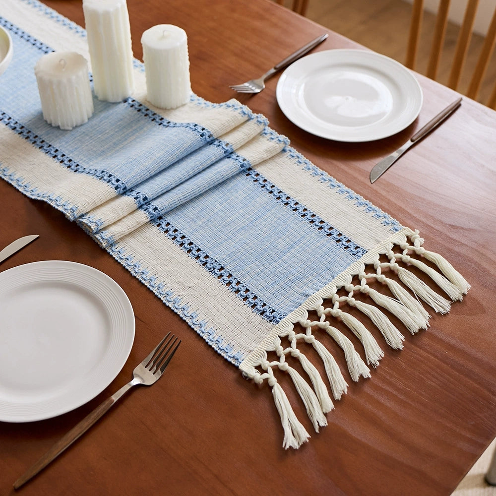 Bohemian Style Tassel Cotton Table Runner - Wide Stripes Light Blue