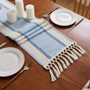 Bohemian Style Tassel Cotton Table Runner - Wide Stripes Light Blue