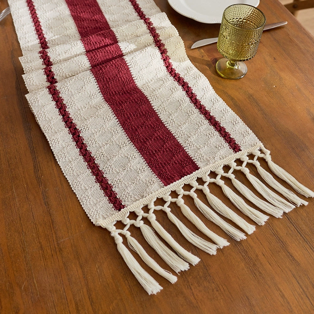 Bohemian Style Tassel Cotton Table Runner - Cable Knit Red