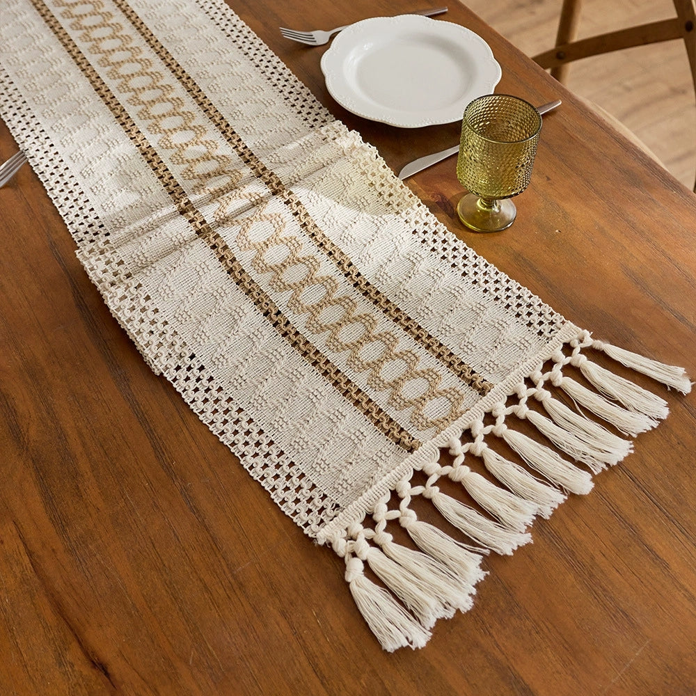 Bohemian Style Tassel Cotton Table Runner - Openwork Cable Knit Brown