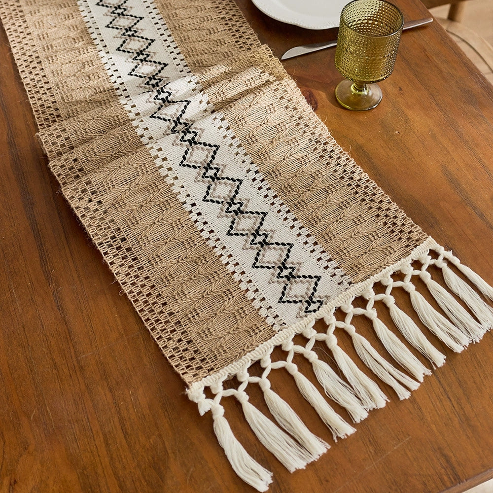 Bohemian Style Tassel Cotton Table Runner - Openwork Diamond Knit Brown
