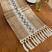 Bohemian Style Tassel Cotton Table Runner - Openwork Diamond Knit Brown