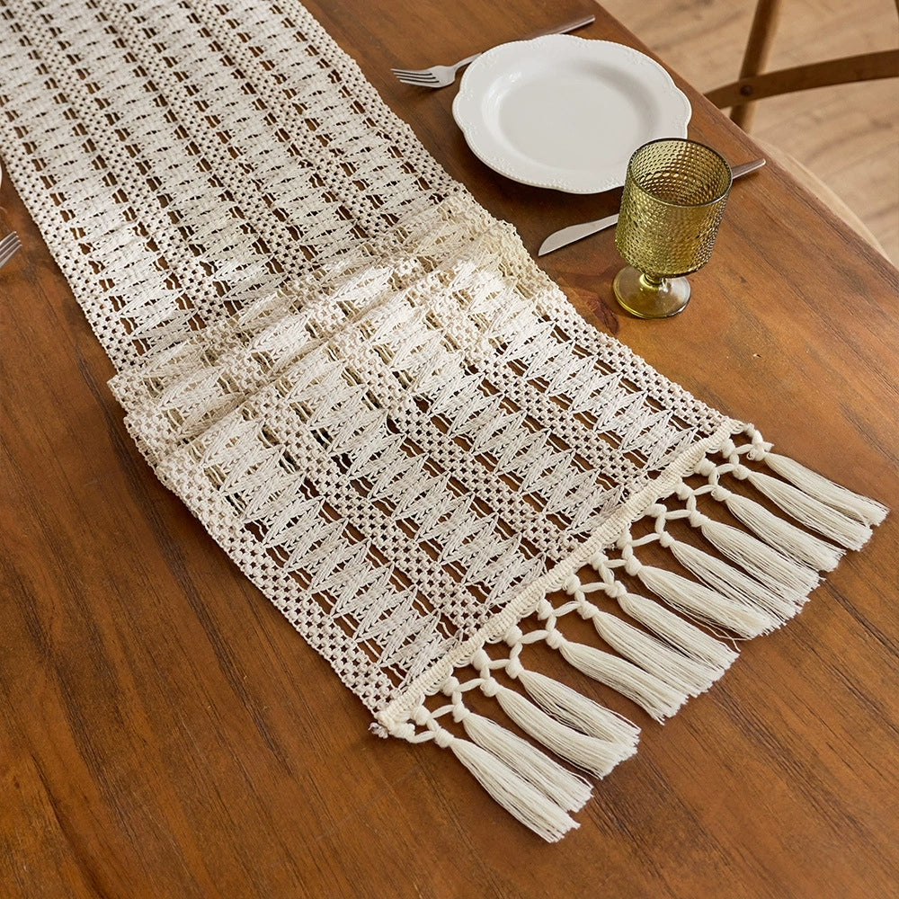 Bohemian Style Tassel Cotton Table Runner - Openwork Knit Beige