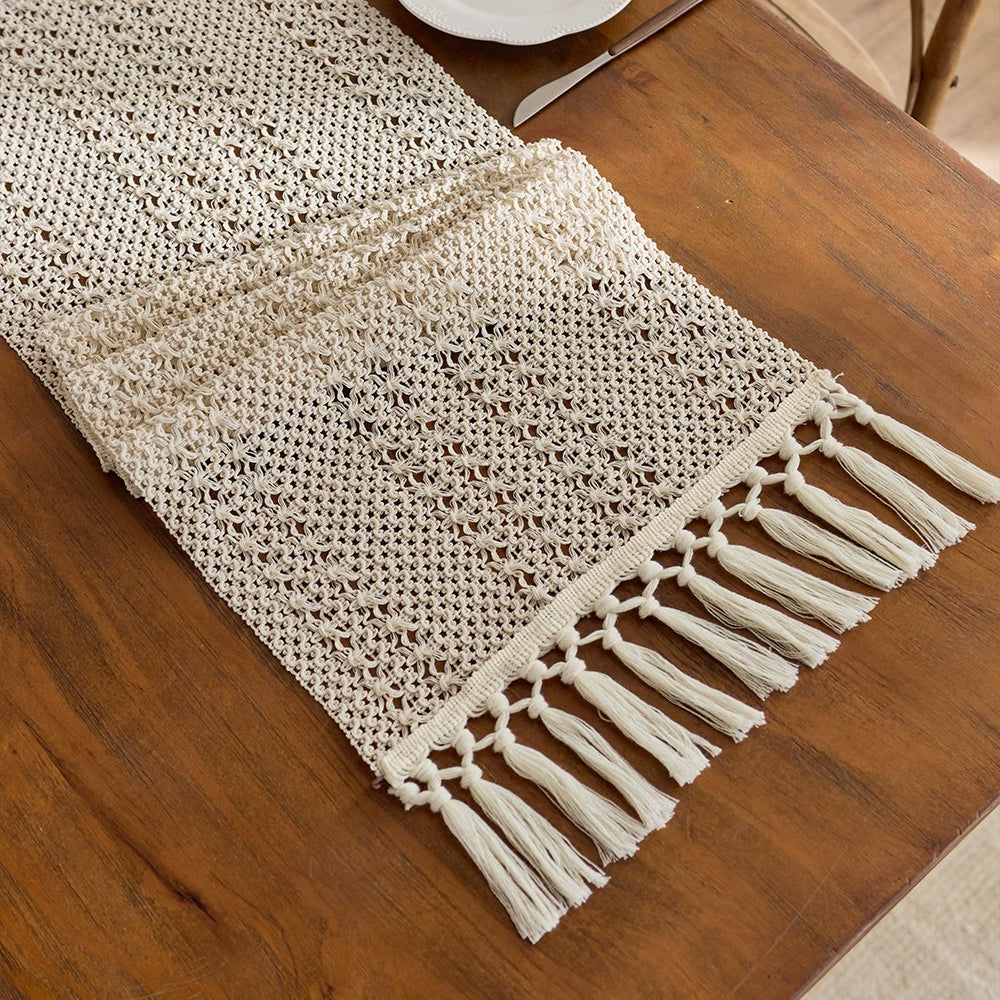 Bohemian Style Tassel Cotton Table Runner - Openwork Crochet Beige