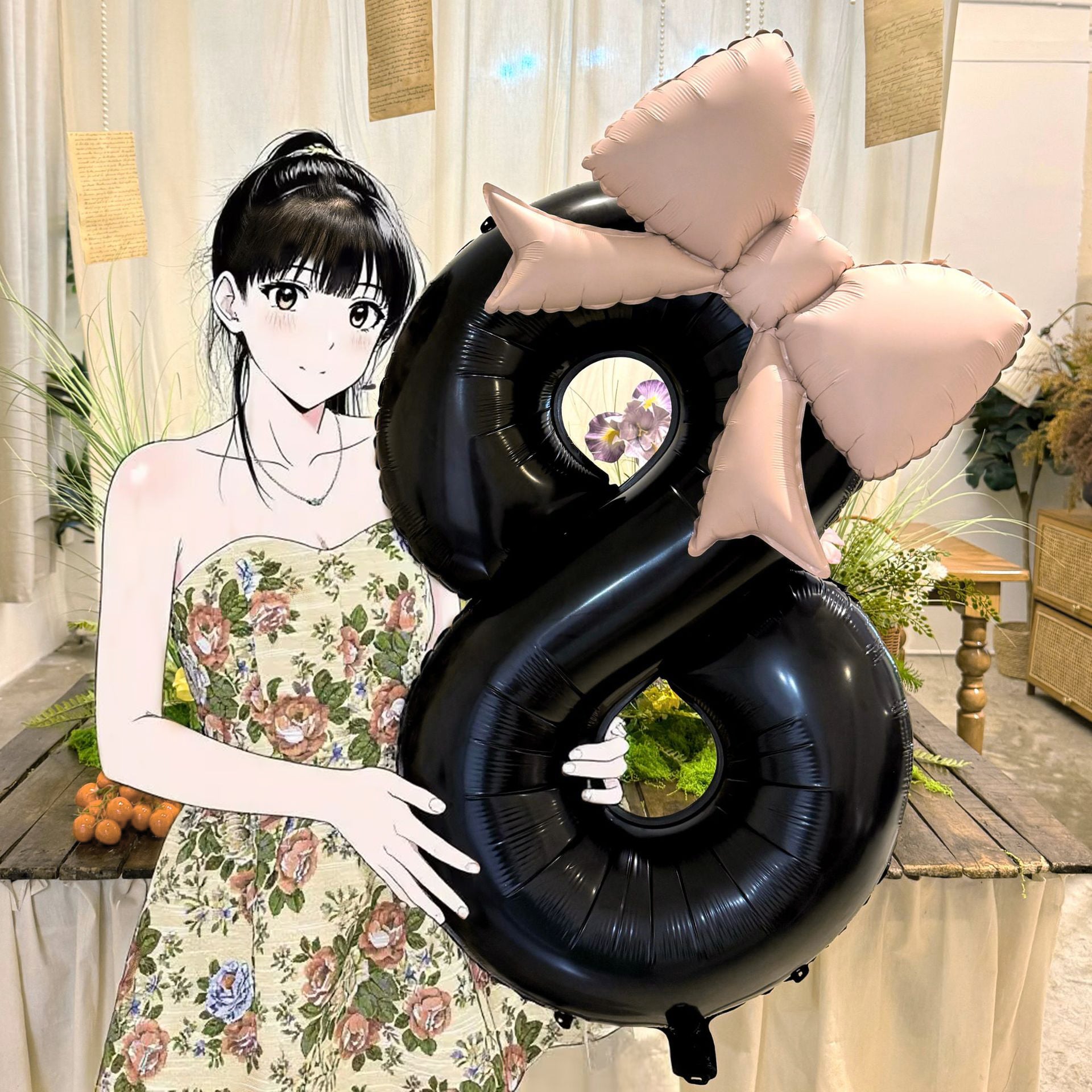 40" Large Foil Number Balloons With Bow Balloon - Number 8 Black