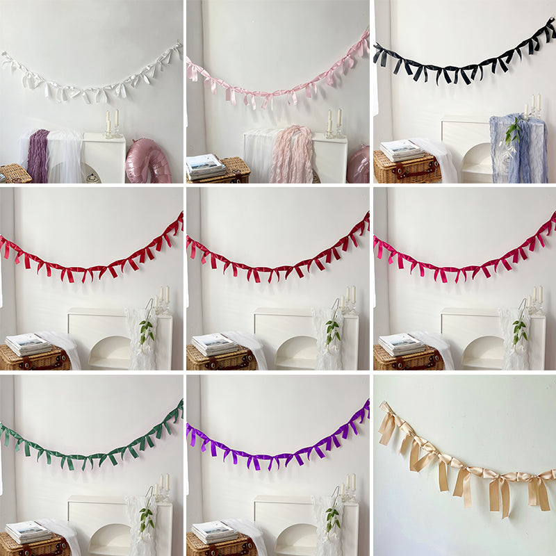 Bow Garland Banner Decoration,Pre-Strung Satin Ribbon Ornaments for Birthday, Party, Wedding, Anniversary