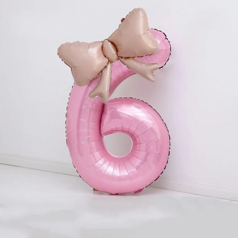 40" Large Foil Number Balloons With Bow Balloon - Number 6 Pearl Pink