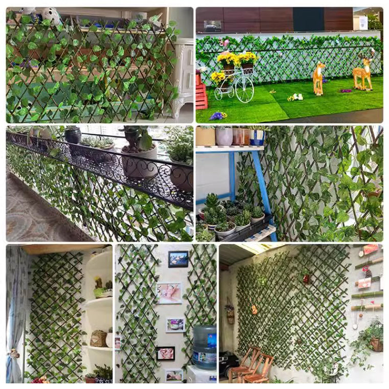 Expandable Wooden Lattice Fence With Artificial Ivy Leaf Trellis Vines, Accordion Backdrop Fencing 8"x98"