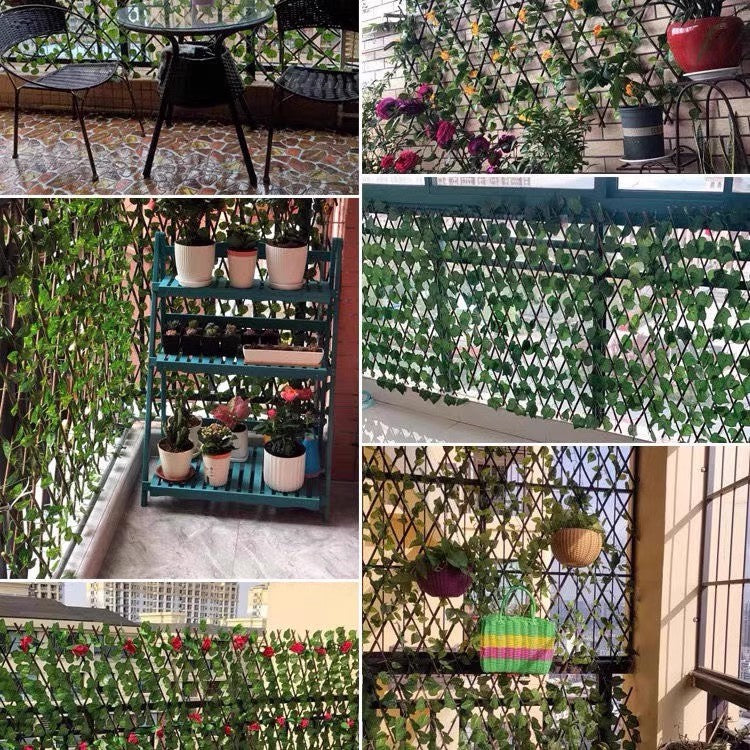 Expandable Wooden Lattice Fence With Artificial Ivy Leaf Trellis Vines, Accordion Backdrop Fencing 8"x98"