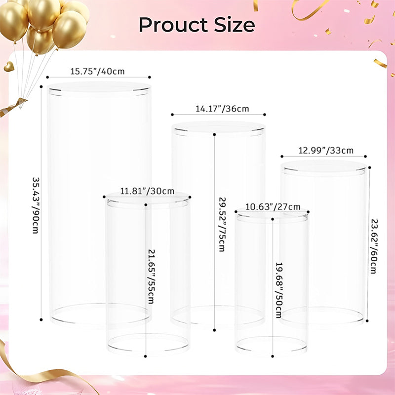 Set Of 5 Clear Round Cylindrical Base Display Pedestal Columns