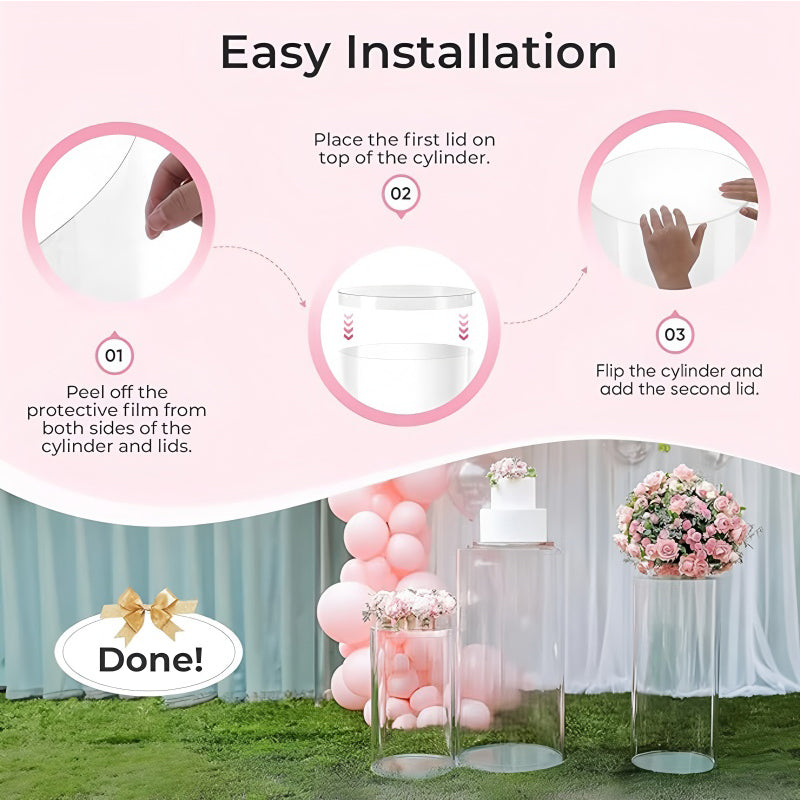 Set of 3 Clear Acrylic Cylinder Pedestal Stands Cake Dessert Table Display