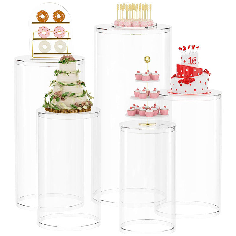 Set Of 5 Clear Round Cylindrical Base Display Pedestal Columns