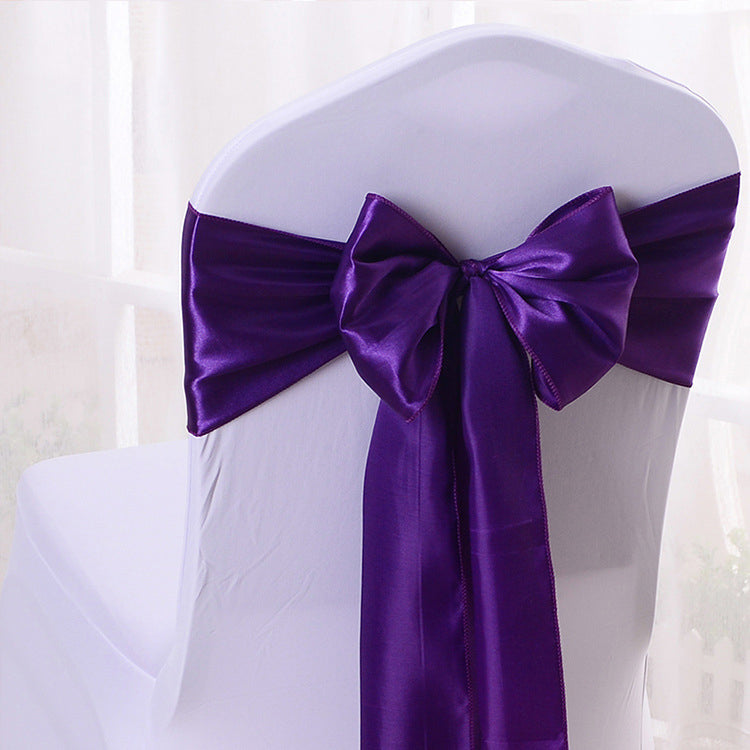 5 Pc Satin Chair Cover Sashes Bows Dark Purple