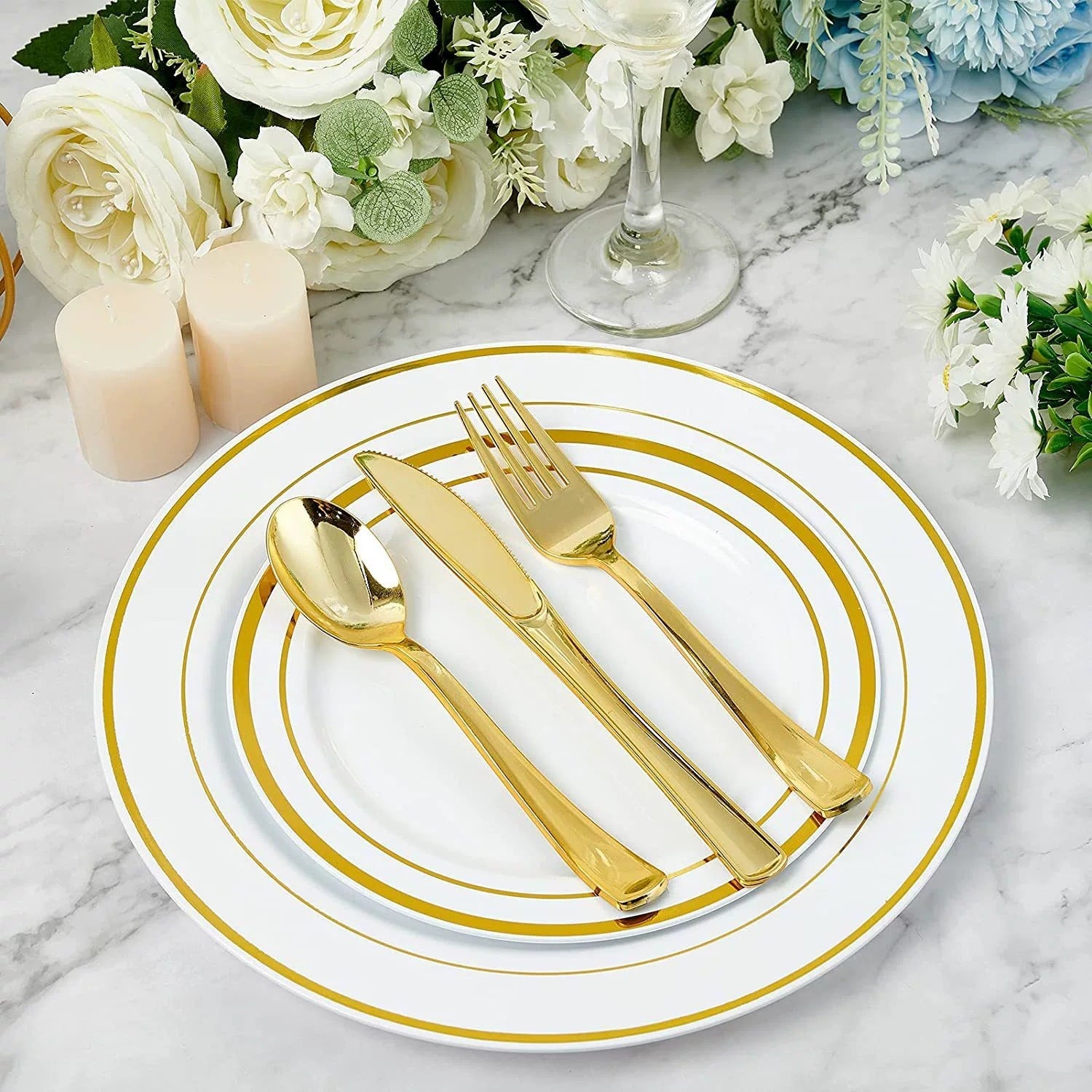 24 Pc Plastic Utensil Set 7",8" Metallic Gold