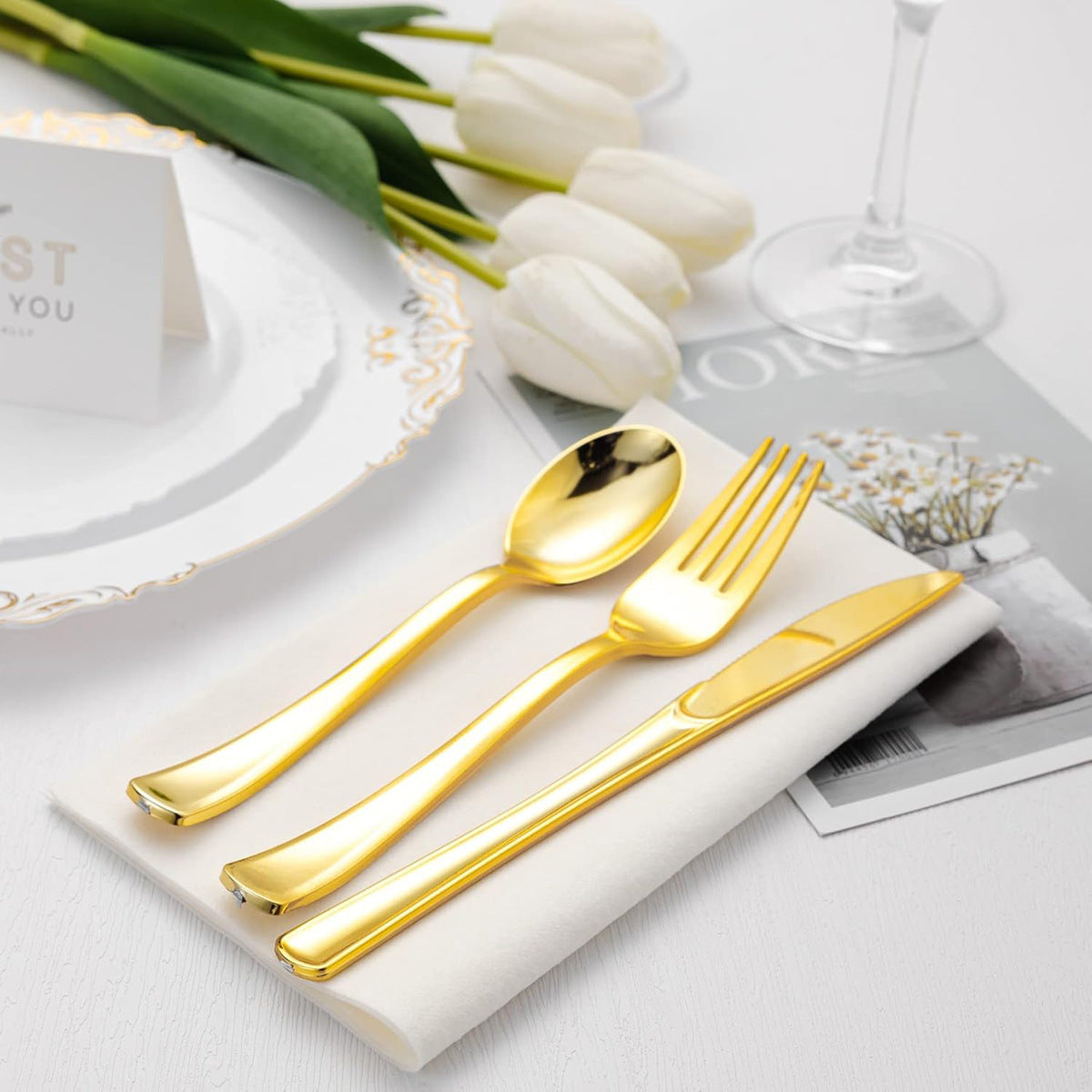 24 Pc Plastic Utensil Set 7",8" Metallic Gold