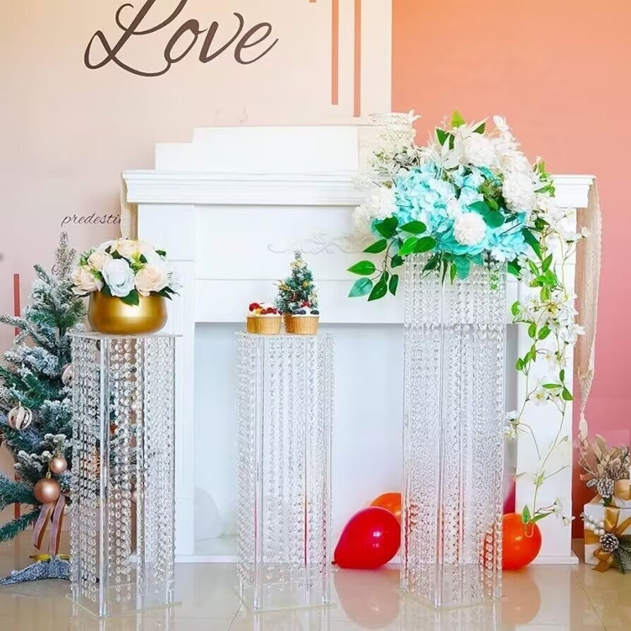 Acrylic Flower Pedestal Vase Pillar Stand Clear with Crystal Beads 24"