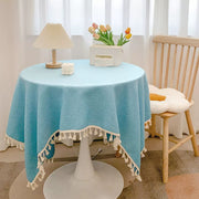 Bohemian Style Cotton and Linen Tassel Tablecloth Sky Blue