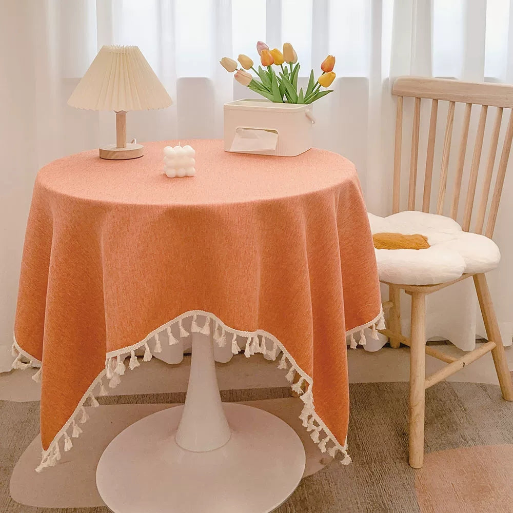 Bohemian Style Cotton and Linen Tassel Tablecloth Orange