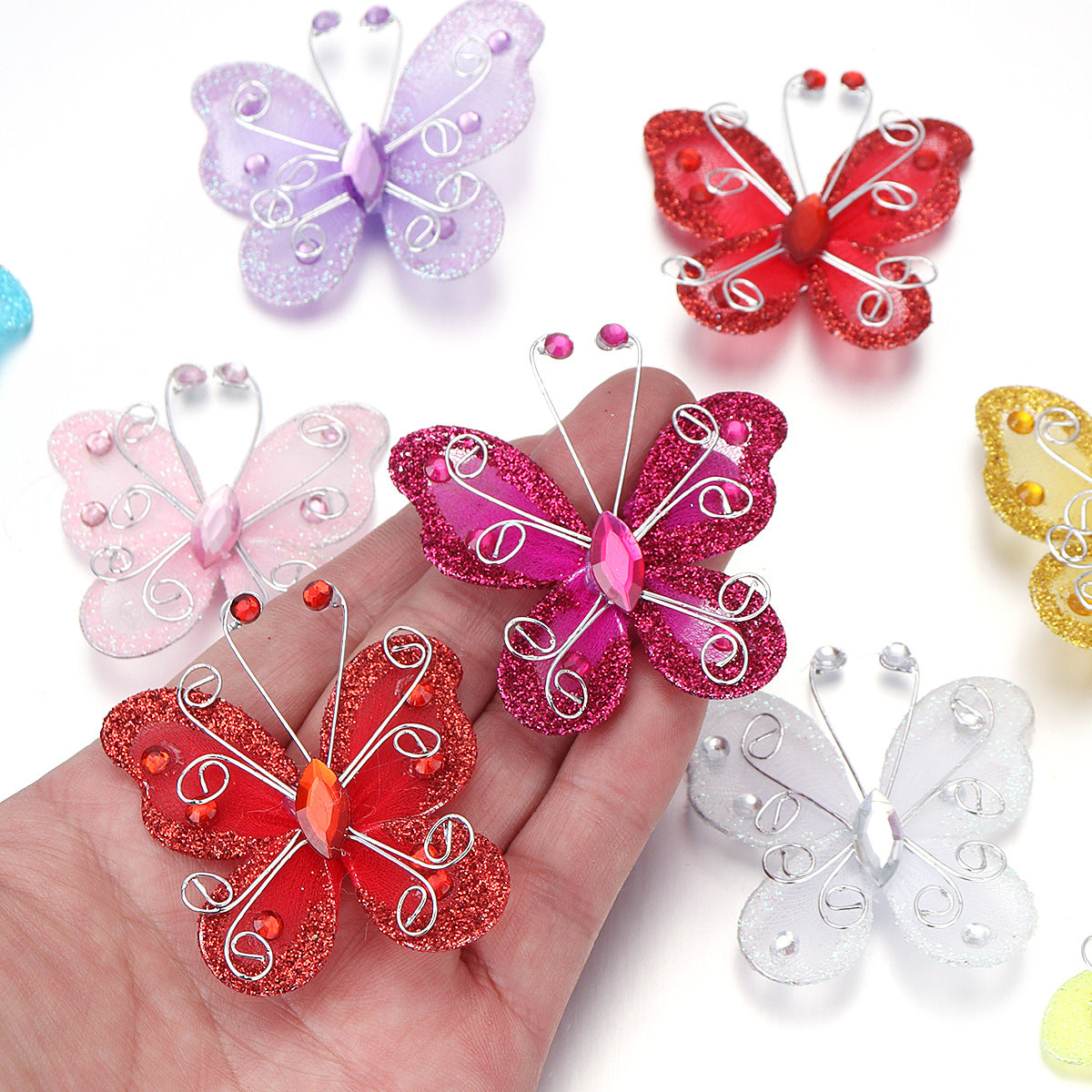 12 Pc Diamond Studded Wired Organza Butterflies 2" Red