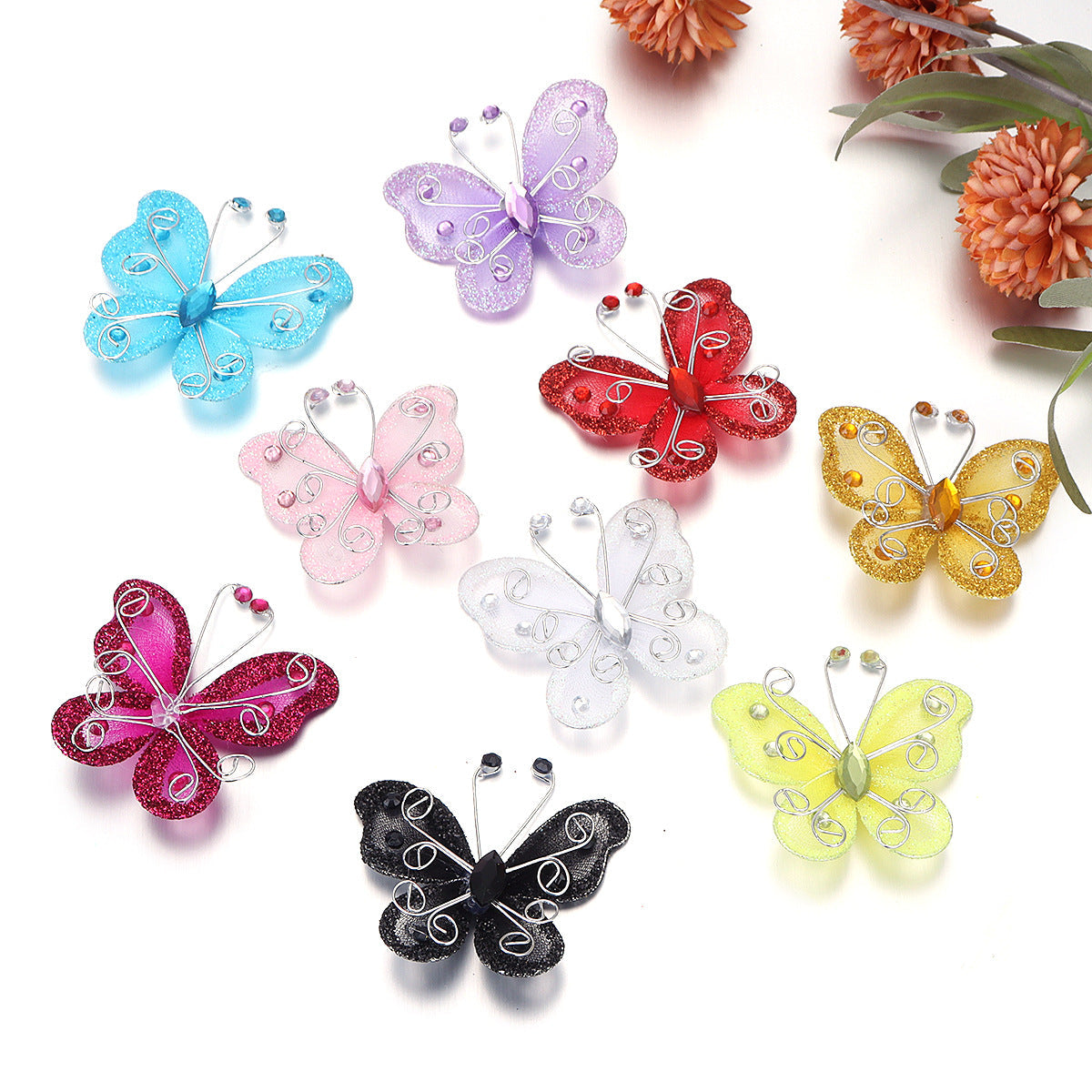12 Pc Diamond Studded Wired Organza Butterflies 2" Red