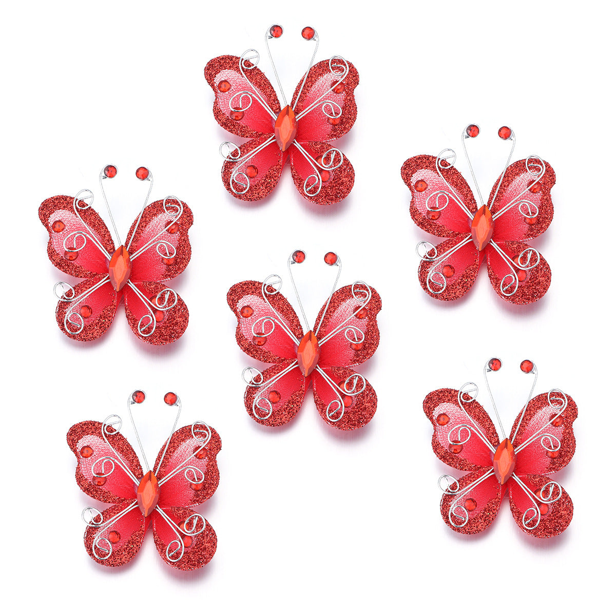 12 Pc Diamond Studded Wired Organza Butterflies 2" Red