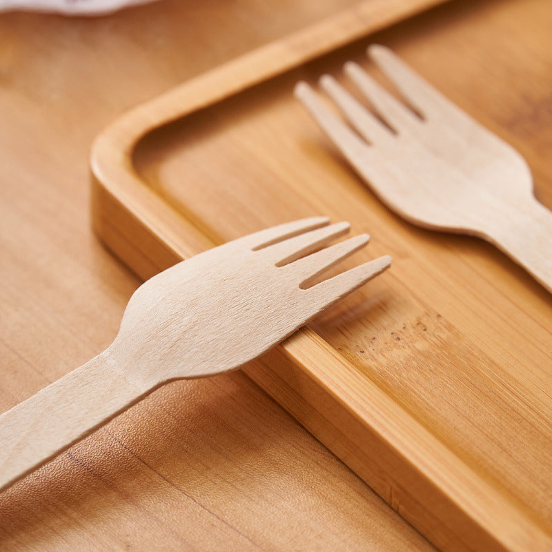 100 Pc Birchwood Forks 6" Natural Disposable Wooden Cutlery