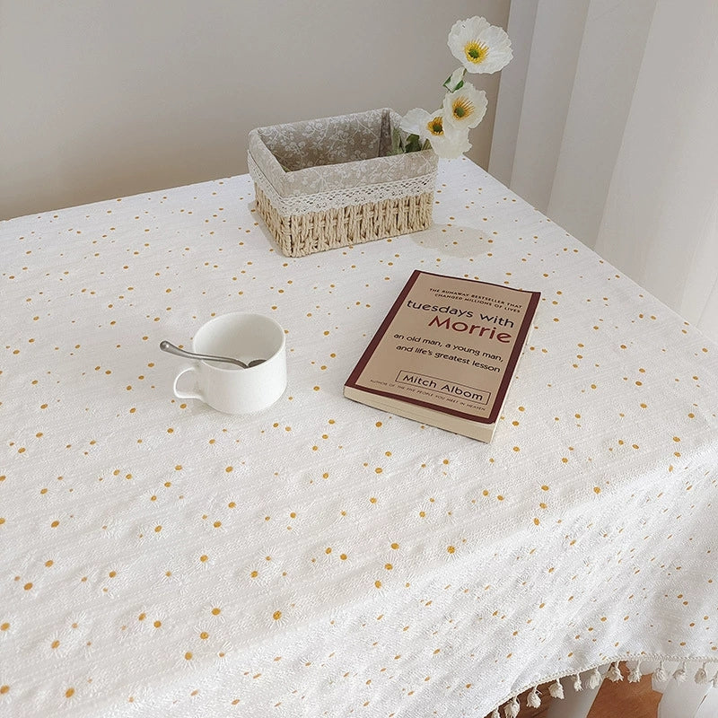 Floral Pattern Cotton-Linen Blend Tablecloth - White Daisies