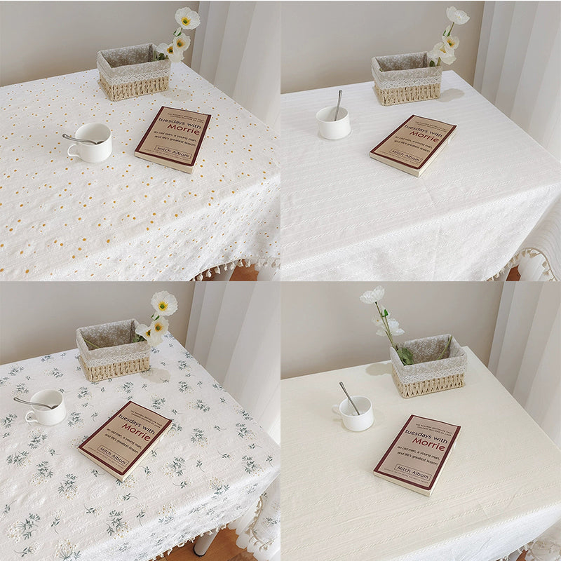 Floral Pattern Cotton-Linen Blend Tablecloth - Pale Yellow Daisies