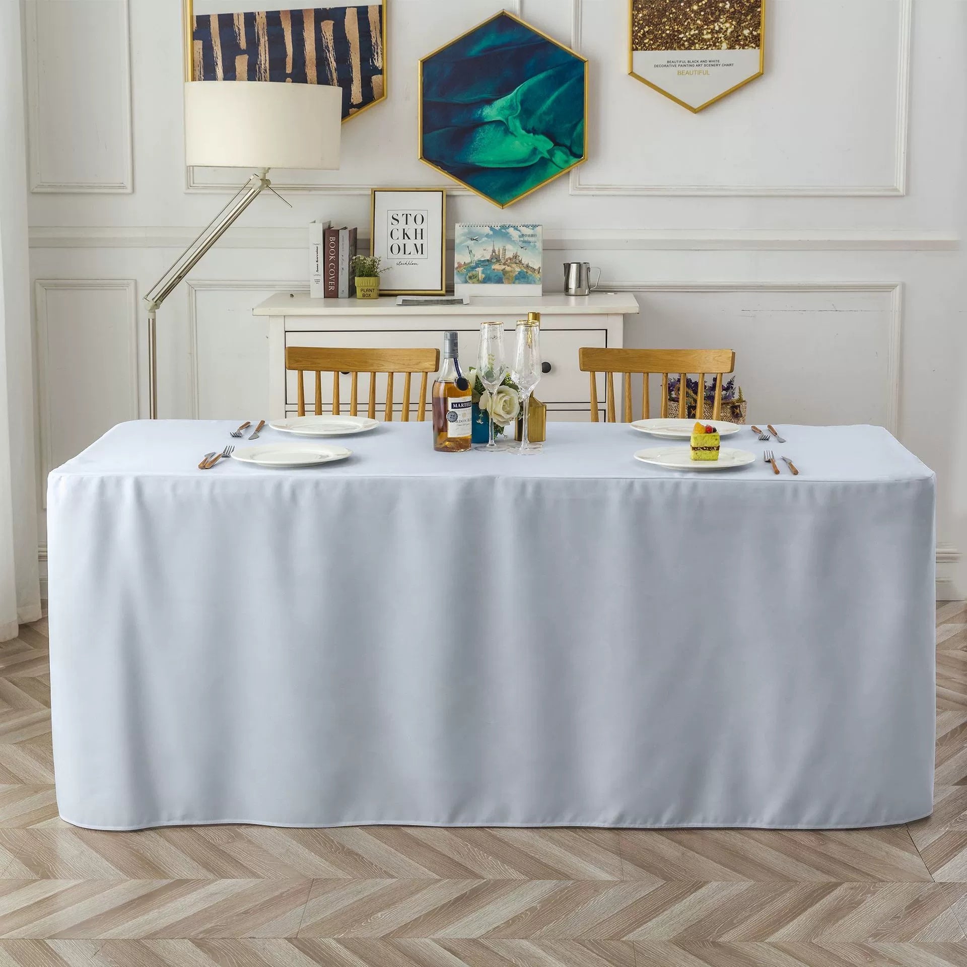 Full-Coverage Rectangular Dining Table - Durable, Washable Fabric - Suitable for Buffets, Parties, Weddings, and Trade Shows.