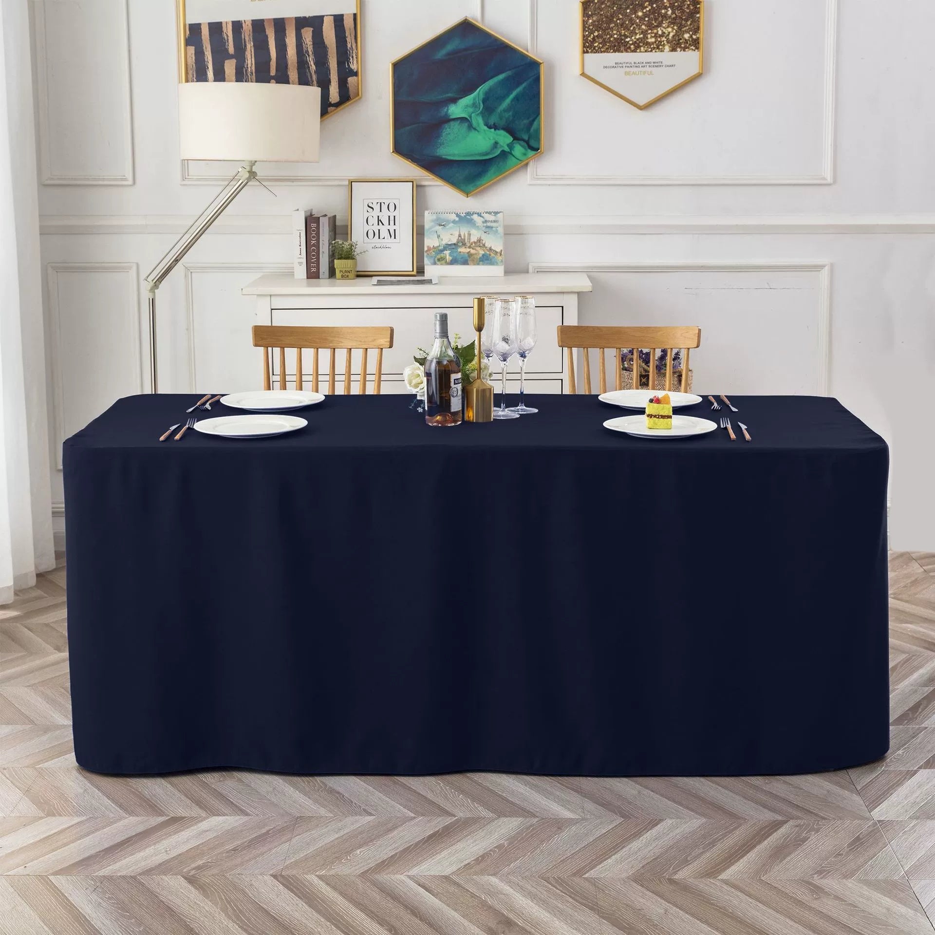Full-Coverage Rectangular Dining Table - Durable, Washable Fabric - Suitable for Buffets, Parties, Weddings, and Trade Shows.