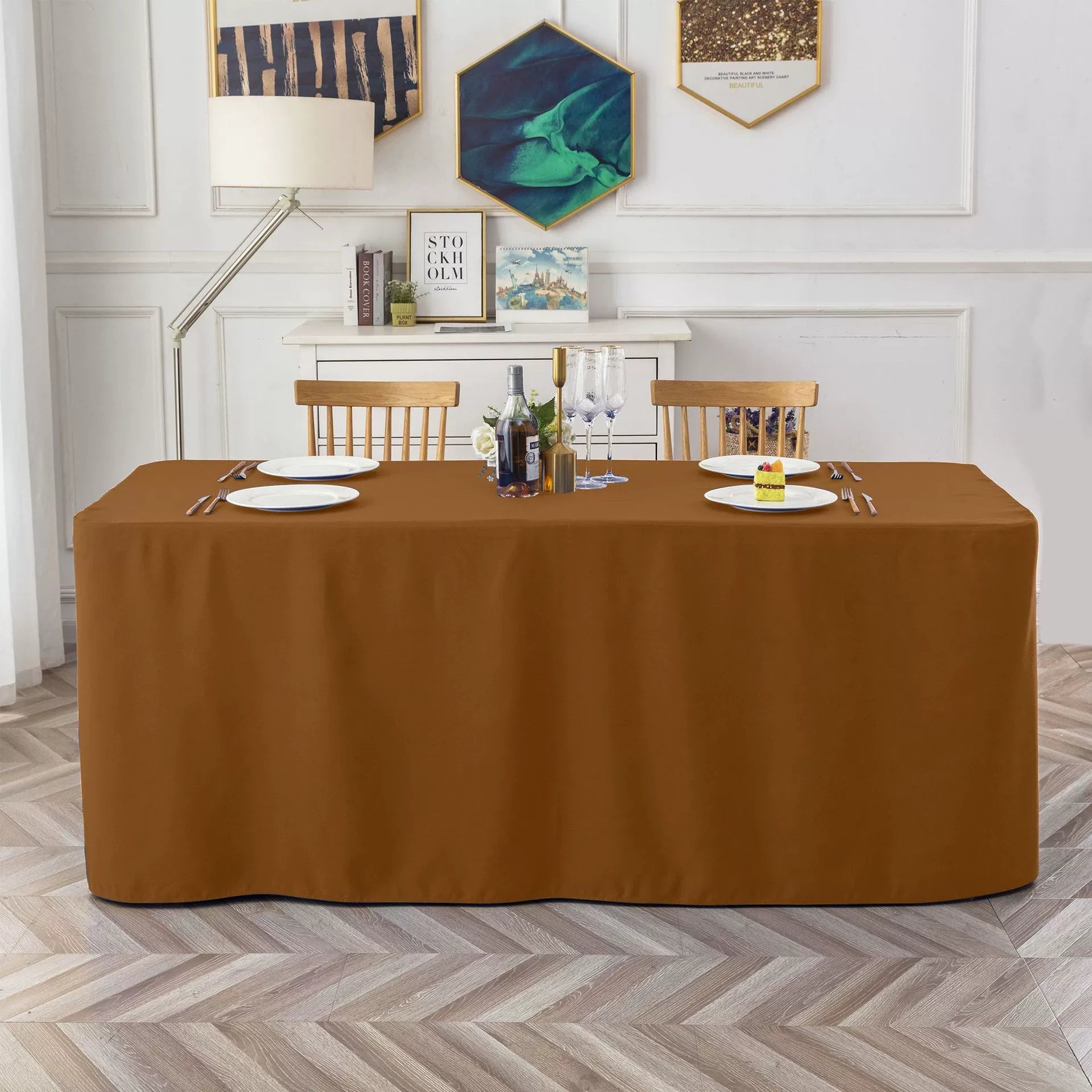 Full-Coverage Rectangular Dining Table - Durable, Washable Fabric - Suitable for Buffets, Parties, Weddings, and Trade Shows.