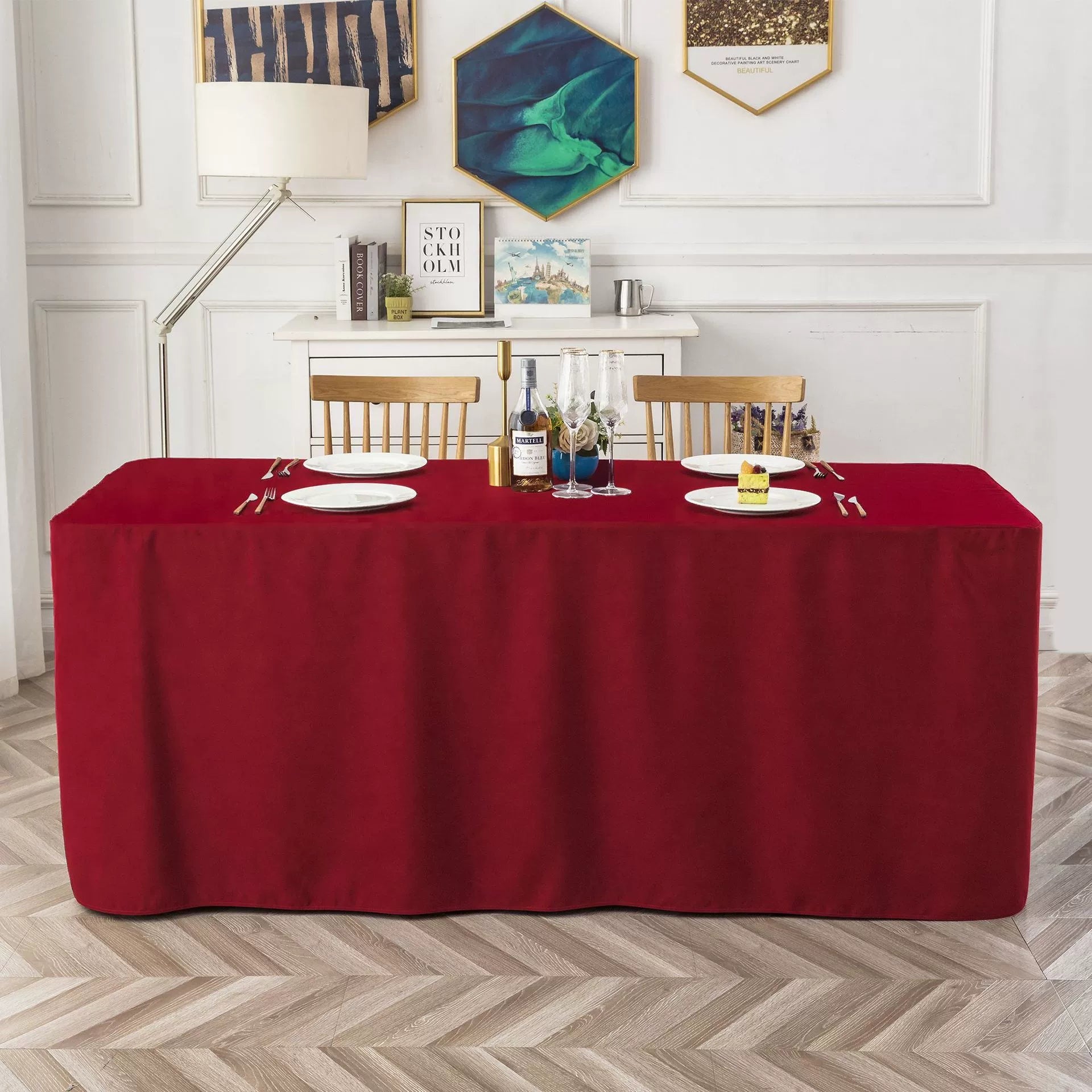 Full-Coverage Rectangular Dining Table - Durable, Washable Fabric - Suitable for Buffets, Parties, Weddings, and Trade Shows.